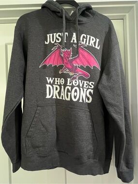 Port and Company Dark Gray Hoodie with Pink Dragon Graphic Size Large